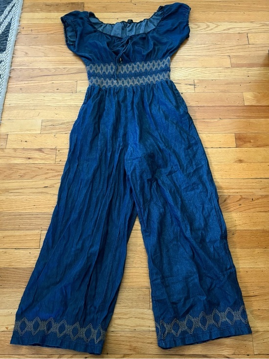 Pants - Indigo & Lace Denim Jumpsuit Smocked Off Shoulder Cropped Wide Leg Boho Medium